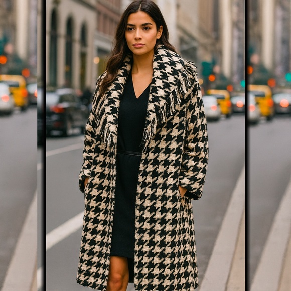 Bonnie Cashin for Sills Houndstooth Bouclé Wool Coat & Skirt Fringe Shawl Collar - Picture 3 of 13